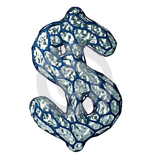 Dollar sign made of silver shining metallic 3D blue cage isolated on white background.