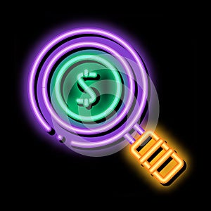 Dollar Sign In Magnifier Glass Center neon glow icon illustration