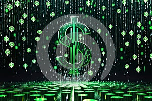 Dollar Sign Matrix Style Logo , Finance, Usd, Dollars Rain in Black Background