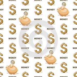 Dollar sign. Pig piggy bank. Cash money, gold coins. Seamless pattern on white background.