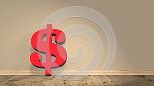 Dollar sign in red colour on wooden floor leaned against the wall