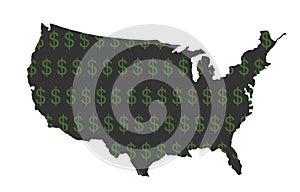 Dollar sign shameless over USA map vector silhouette illustration isolated on white. United States of America map with dollar.
