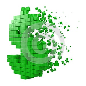 Dollar sign shaped data block. version with green cubes. 3d pixel style vector illustration