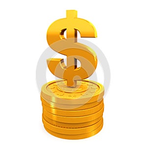 Dollar sign on stack of golden coins.