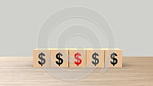 $ Dollar sign symbol word Wooden cubes on table horizontal gray light background HD, mock up, template, banner with copy space for