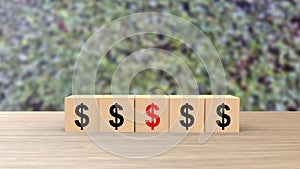$ Dollar sign symbol word wooden cubes on table horizontal over blur background with climbing green leaves, mock up, template,