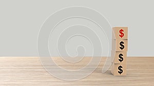 $ Dollar sign symbol word Wooden cubes on table vertical over gray light background HD, mock up, template, banner with copy space