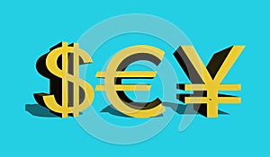 Dollar sign of the USA, eurocurrencies and Japanese enes