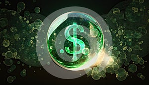 Dollar in soap bubble flying on green background, financial fragility of foreign currency reserve