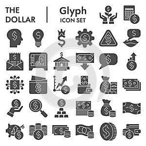 Dollar solid icon set. Money savings signs collection, sketches, logo illustrations, web symbols, glyph style pictograms