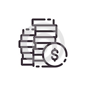 Dollar stack of coins. Vector liner black icon.
