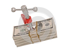 Dollar stacks in G clamp isolated on white background 3D illustration.