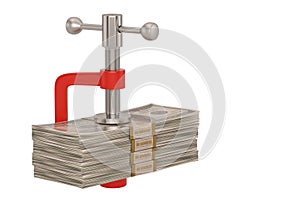 Dollar stacks in G clamp isolated on white background 3D illustration.