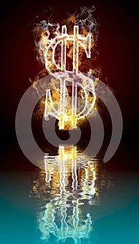 Dollar symbol burning, fire with reflection