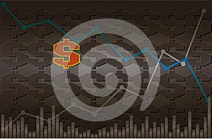 Dollar symbol with descending and ascending line graph with volume on black and gray background