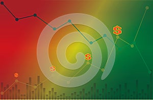 Dollar symbol with descending and ascending line graph with volume on green yellow and red background