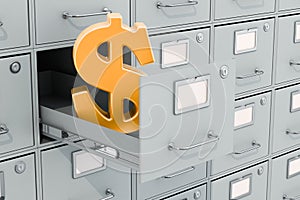 Dollar symbol in filing cabinet, 3D