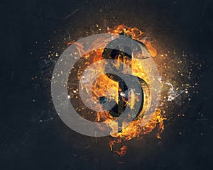 Dollar symbol in fire . Mixed media