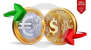 Dollar to Euro currency exchange. Dollar and Euro coins. Exchange concept. Golden coins with Euro and Dollar symbol with green and