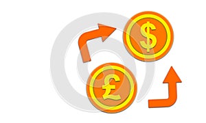 Dollar to Pound Sterling conversion with golden coins and arrow on white background with copy space. USD to Uk currency