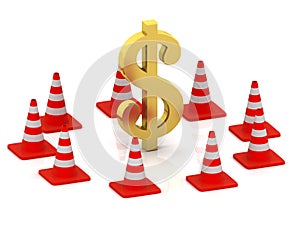 Dollar and traffic cones