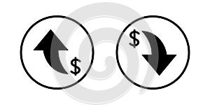 Dollar up and down icon on circle line. USD currency arrow increase and decrease sign symbol