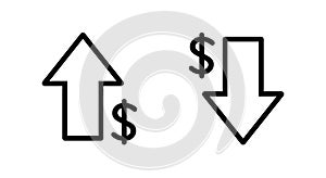 Dollar up and down icon isolated on white background. USD growth and decline sign symbol