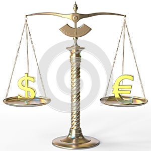 Dollar USD symbol and Euro sign on golden balance scales, forex parity conceptual 3d rendering