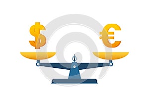 Dollar vs Euro on balance. Scales with money. Vector stock illustration.