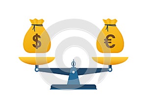 Dollar vs Euro on balance. Scales with money. Vector stock illustration.