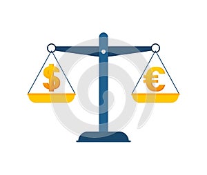 Dollar vs Euro on balance. Scales with money. Vector stock illustration.