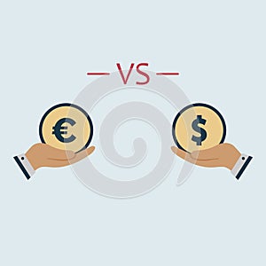 Dollar vs euro on hands. vector symbol flat style