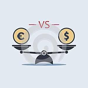 Dollar vs euro on scales. vector symbol flat style