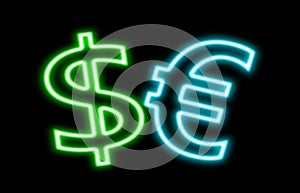 Dollar Vs Euro $ â‚¬ finance neon sign glow isolated on black