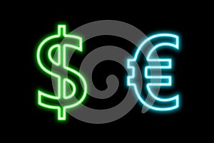 Dollar Vs Euro $ â‚¬ finance neon sign glow isolated on black