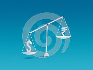 Dollar vs Rupee concept, currency exchange rate difference, rupee falling down illustration isolated on blue background