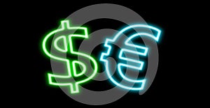 Dollar $ â‚¬ Euro finance neon sign glow isolated on black