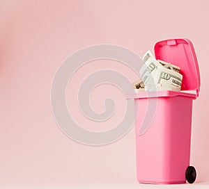Dollars bank notes in pink rubbish bin on pink background