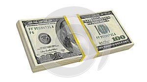 Stack of 100 Dollars banknote bill USA money banknote on a white background.