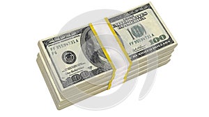 Stack of 100 Dollars banknote bill USA money banknote on a white background.