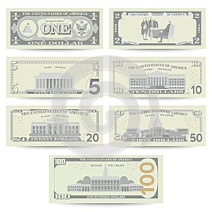 Dollars Banknote Set Vector. Cartoon US Currency. Flip Side Of American Money Bill Isolated Illustration. Cash Dollar