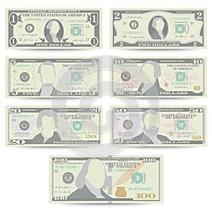 Dollars Banknote Set Vector. Cartoon US Currency. Front Side Of American Money Bill Isolated Illustration. Cash Dollar