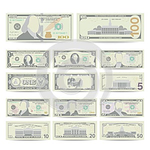 Dollars Banknote Set Vector. Cartoon US Currency. Two Sides Of American Money Bill Isolated Illustration. Cash Dollar