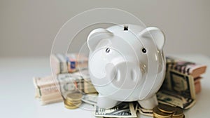 dollars banknotes money into piggy bank on white background. Generative Ai