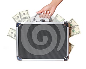 Dollars bills in case in female hand isolated, money in suitcase