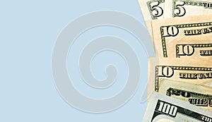 Dollars on a blue background. Banner, space for text.Copy space.