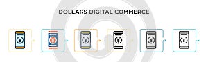 Dollars digital commerce vector icon in 6 different modern styles. Black, two colored dollars digital commerce icons designed in