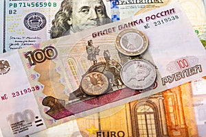 Dollars, euros, rubles and pounds lie on the