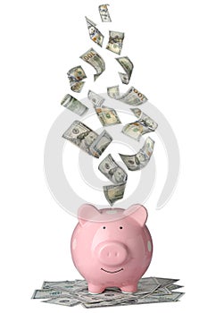 Dollars falling into pink piggy bank on background