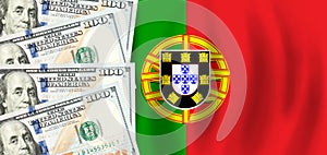 Dollars on flag of Portugal, Portugese finance, subsidies, social support, GDP concept